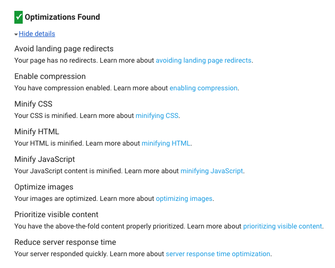 Google PageSpeed when I started, showing what was optimized
