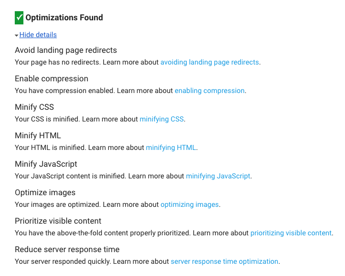 Google PageSpeed when I started, showing what was optimized 